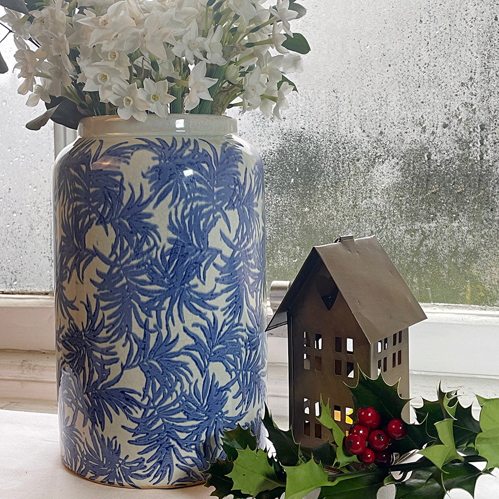 French Blue Leaf Vase - Tall