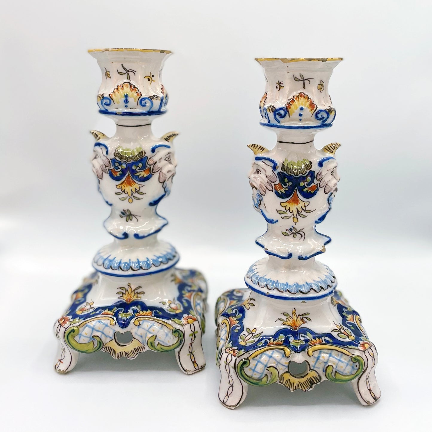 Pair French Faience Rouen Candlesticks 19th Century