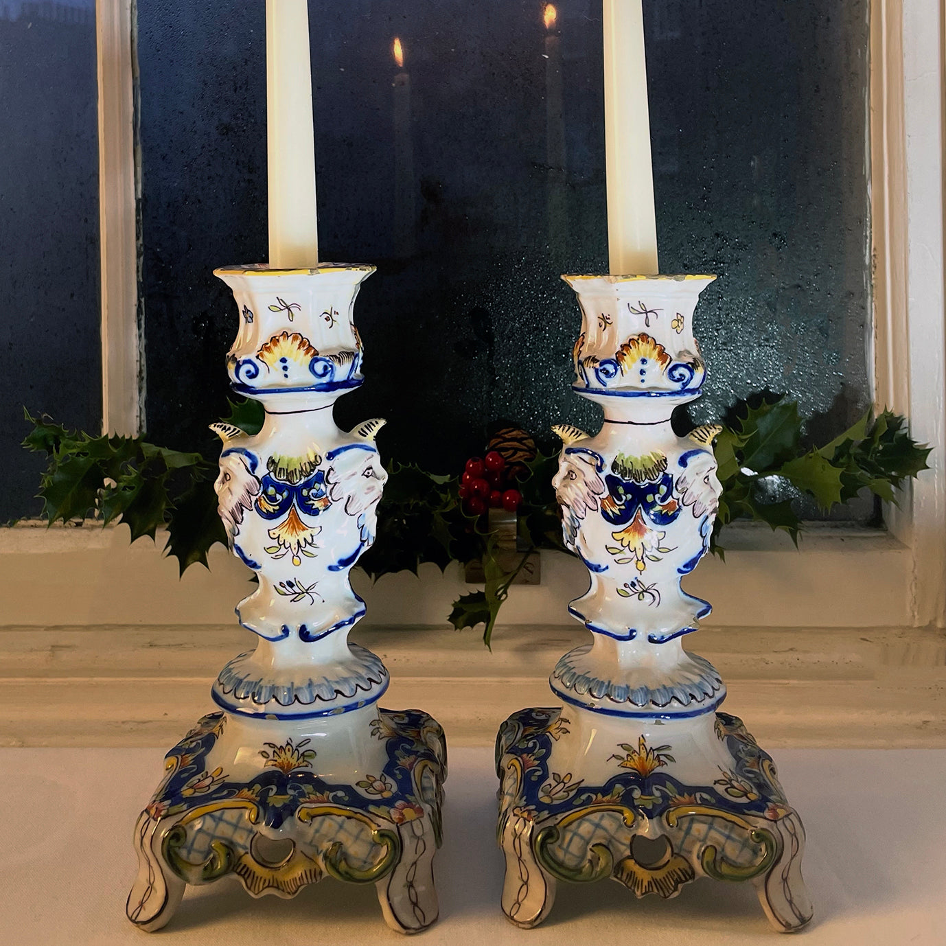 Pair French Faience Rouen Candlesticks 19th Century