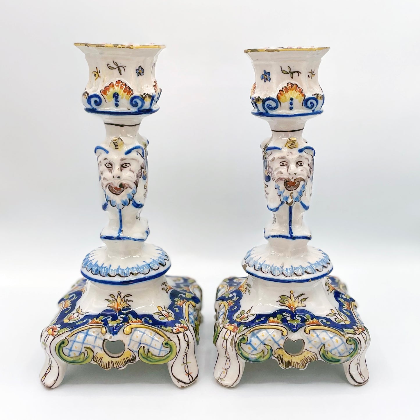 Pair French Faience Rouen Candlesticks 19th Century